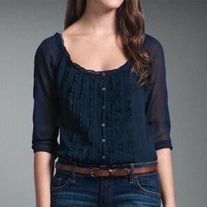 Abercrombie & Fitch Boho Y2K Ruffle 3/4 Quarter Sleeve Blouse Navy Blue Size M